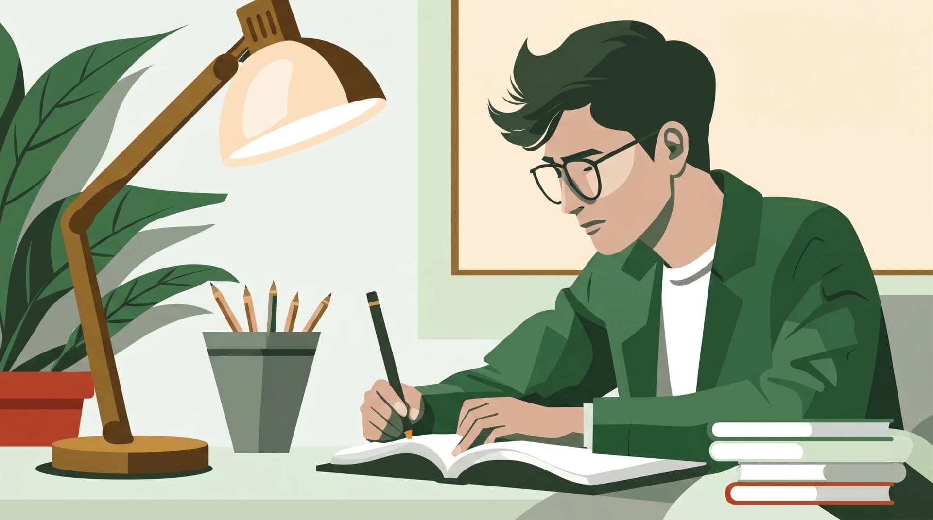 Estudiante concentrado estudiando con foco y organizando su carrera