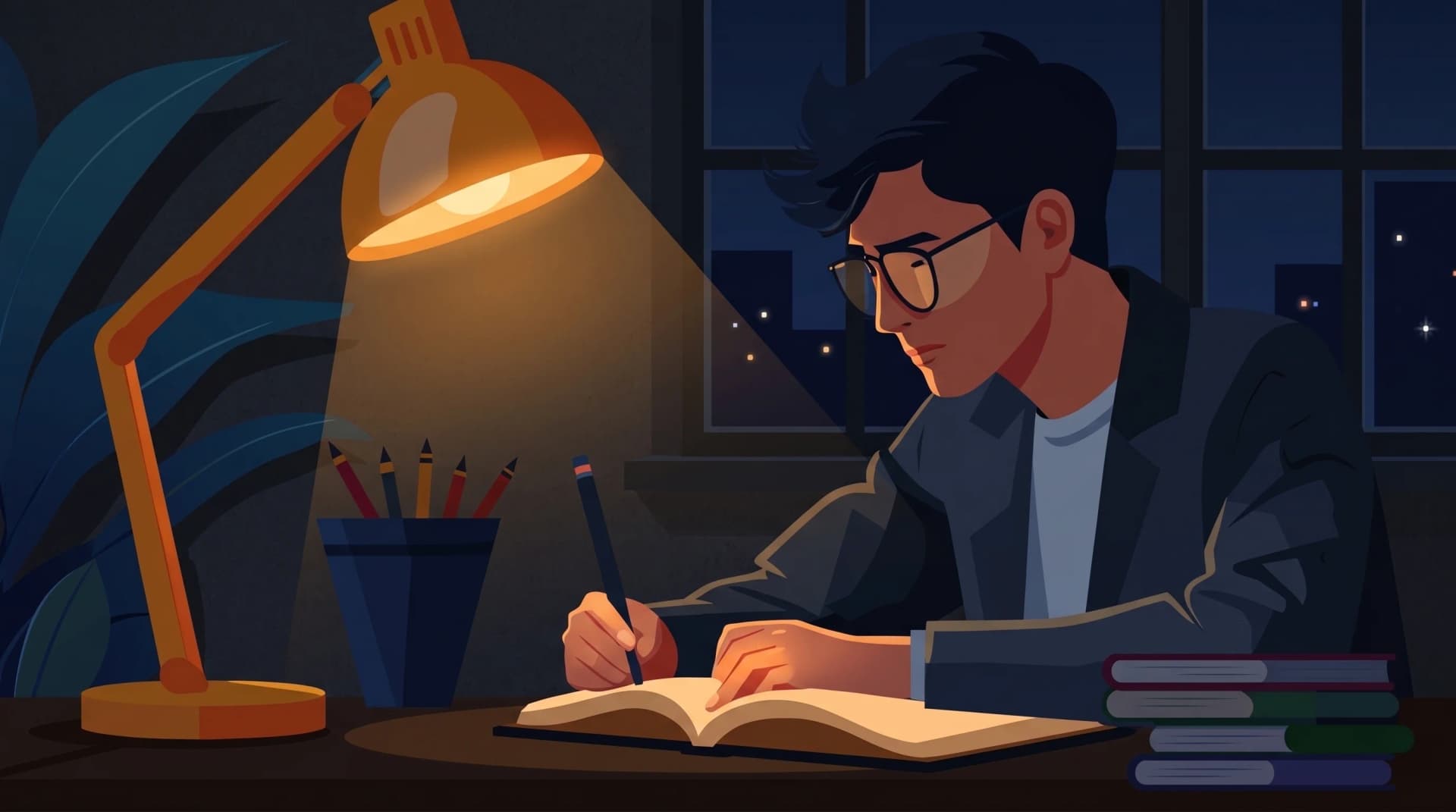 Estudiante concentrado estudiando con foco y organizando su carrera