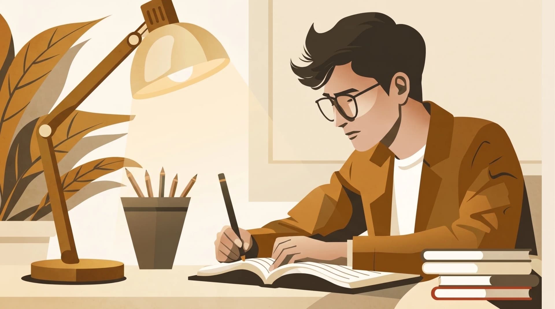 Estudiante concentrado estudiando con foco y organizando su carrera