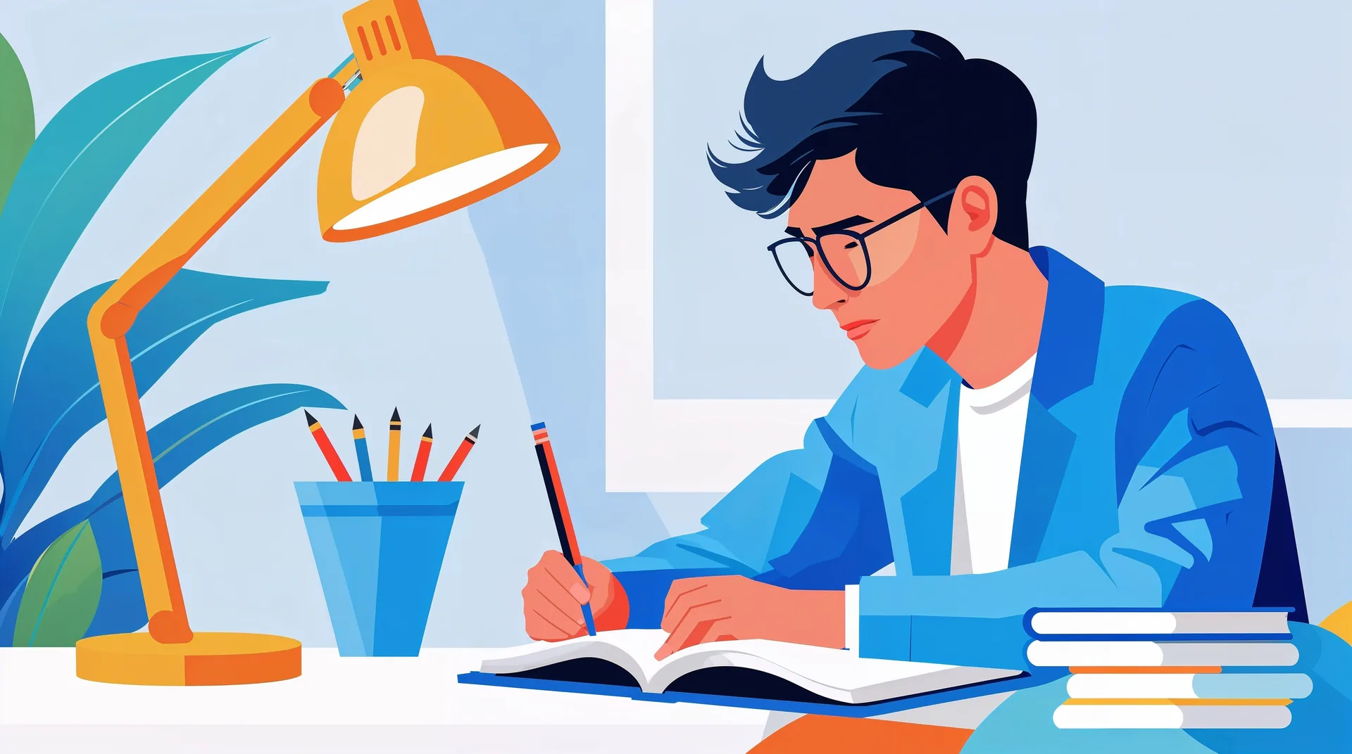 Estudiante concentrado estudiando con foco y organizando su carrera